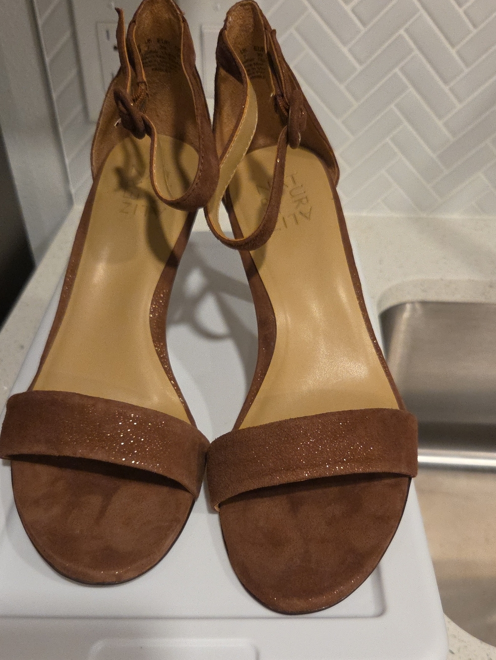Naturalizer Tan Suede Ankle-Strap Heels with Subtle Shimmer